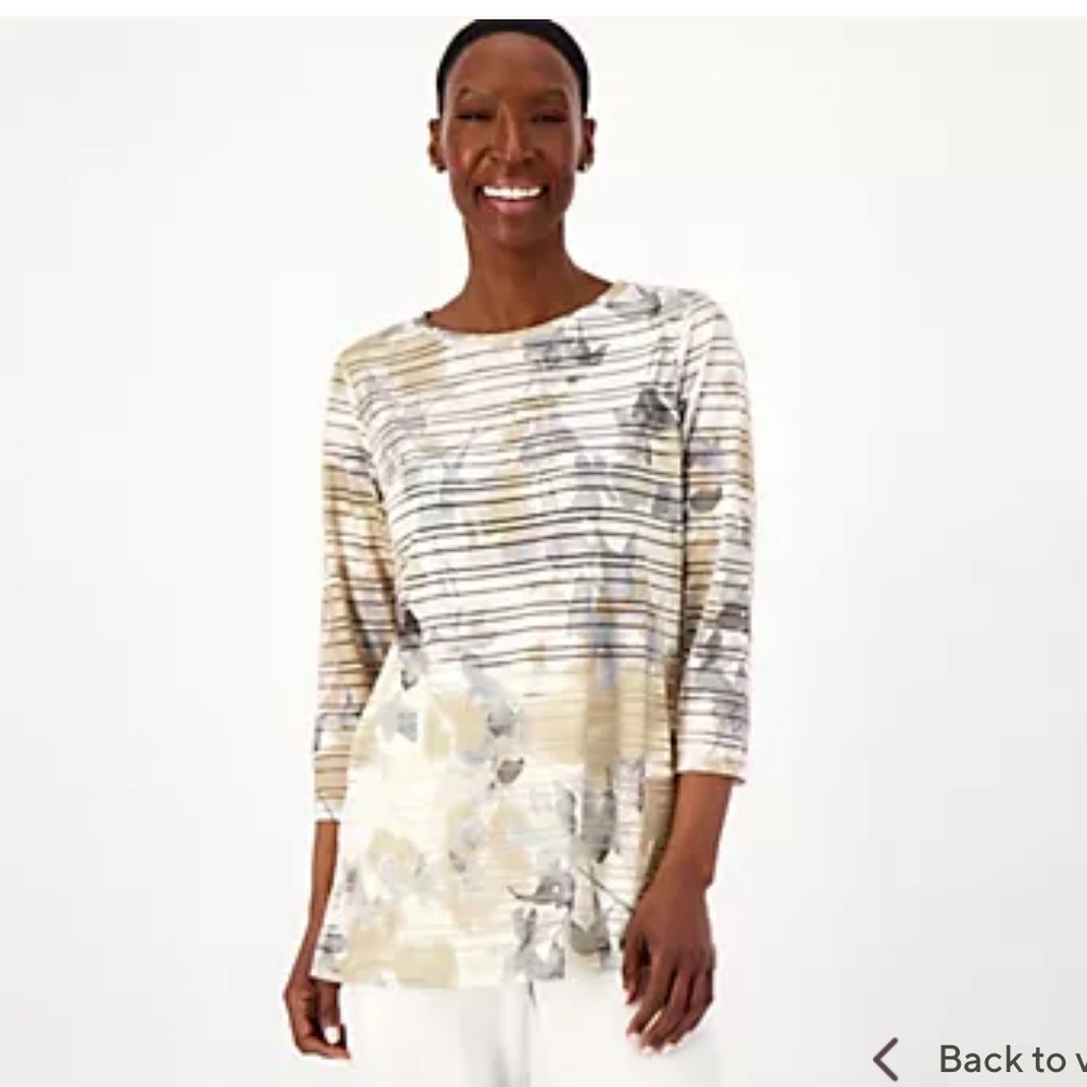 NWOT Susan Graver Passport Shadow Stripe Bateau- Neck Tunic in Sand Dune Lg